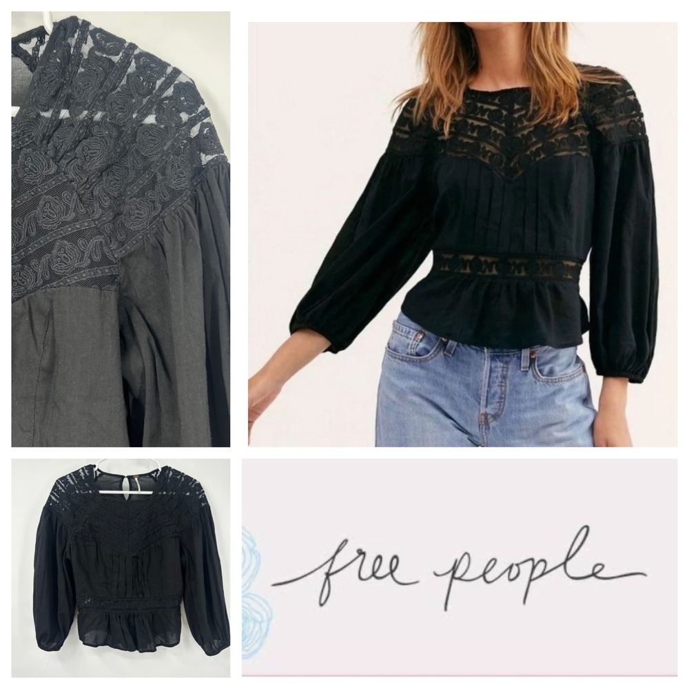 Free People Sweet Mornings Black Lace Blouse Pintuck Peplum Top Small OB852278